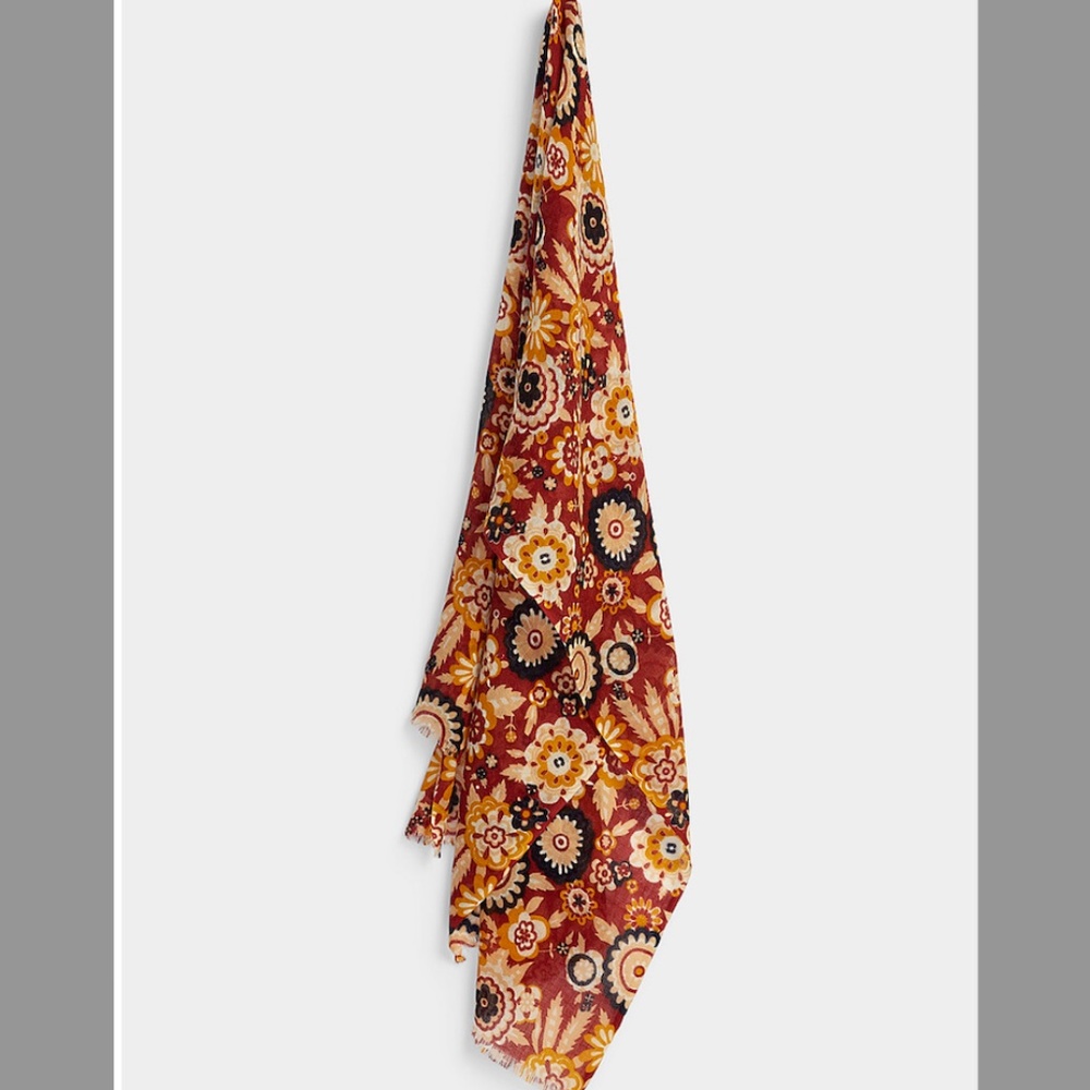 Unisex burgundy and cream floral lightweight pure wool scarf NWT